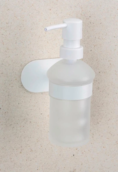 Saban Duvara Monte Sabunluk – Mat Beyaz, Paslanmaz Çelik, Yapışkan Sistemli, 200 ml Kapasiteli, Saten Cam Şişeli
