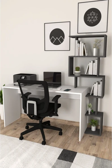 Pratik Kitaplıklı Çalışma Masası Beyaz Antrasit ürün görseli 1