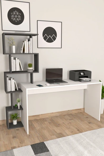 Pratik Kitaplıklı Çalışma Masası Beyaz Antrasit - 4