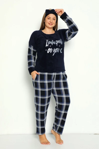 Nisanca Büyük Beden Peluş Polar Pijama Takımı- Saç Bandı Hediyeli - 4