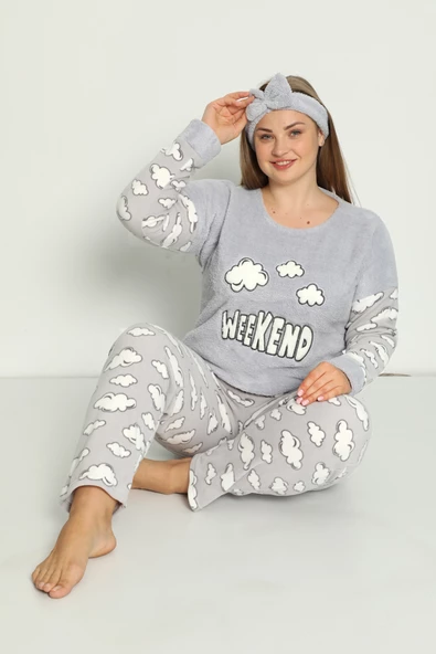 Nisanca Büyük Beden Peluş Polar Pijama Takımı- Saç Bandı Hediyeli - 9