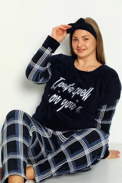 Nisanca Büyük Beden Peluş Polar Pijama Takımı- Saç Bandı Hediyeli - 5