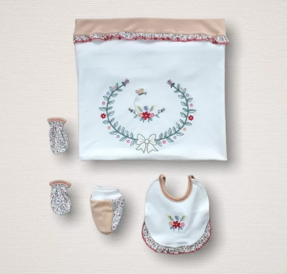 Erguvan Taç Nakışlı %100 Cotton Antibakteriyel Kız Bebek 10lu Zıbın Takımı Hastane Çıkışı Nar Çiçeği - Resim 4