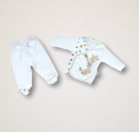 Love Zürafa Nakışlı %100 Cotton Antibakteriyel 10lu Zıbın Takımı Hastane Çıkışı Ekru - 6