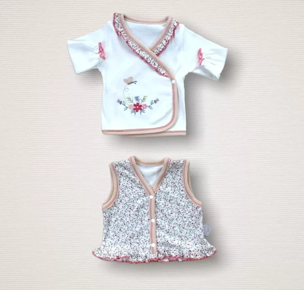 Erguvan Taç Nakışlı %100 Cotton Antibakteriyel Kız Bebek 10lu Zıbın Takımı Hastane Çıkışı Nar Çiçeği - Resim 6