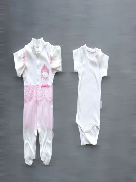 Taçlı Prensesim Nakışlı %100 Cotton Antibakteriyel 10lu Zıbın Takımı Hastane Çıkışı Pembe - 4