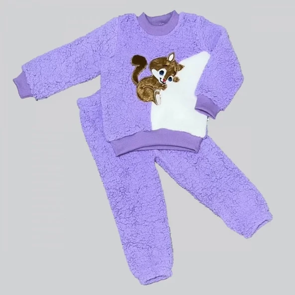 Masum Yavru Sincap Nakışlı Kuzu Kumaş Sweat Pantolon 2li Kız Erkek Bebek Takımı Lila - 3