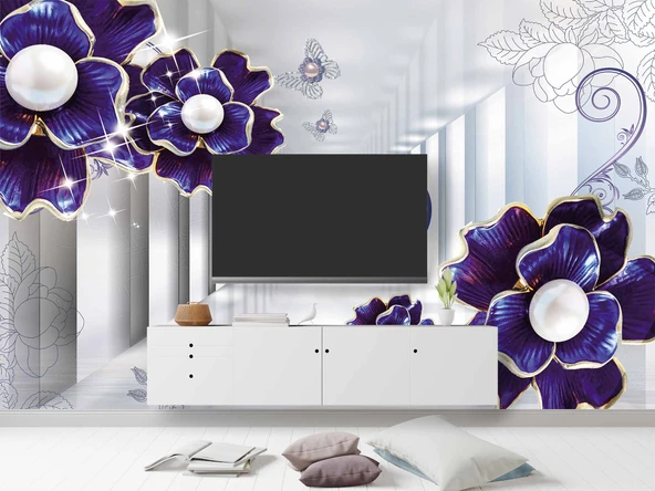 3D Saray Mor Çiçek Duvar Kağıdı Baskı - Resim 3