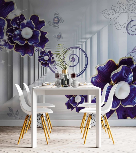 3D Saray Mor Çiçek Duvar Kağıdı Baskı - Resim 5