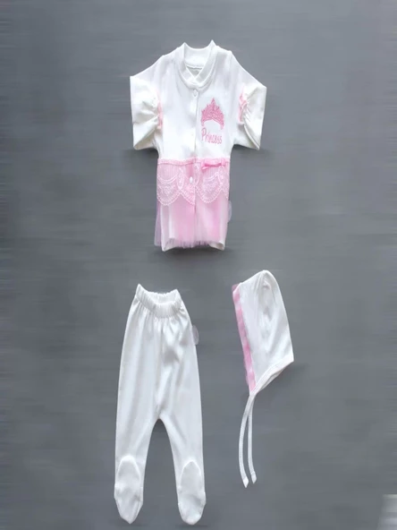 Taçlı Prensesim Nakışlı %100 Cotton Antibakteriyel 10lu Zıbın Takımı Hastane Çıkışı Pembe - 6