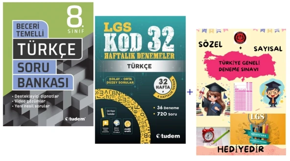 TUDEM YAYINLARI LGS TÜRKÇE BECERİ TEMELLİ SORU BANKASI - LGS TÜRKÇE KOD 32 HAFTALIK DENEMELER - HEDİYE ürün görseli