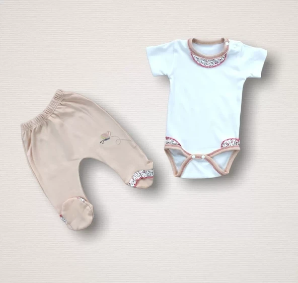 Erguvan Taç Nakışlı %100 Cotton Antibakteriyel Kız Bebek 10lu Zıbın Takımı Hastane Çıkışı Nar Çiçeği - Resim 5