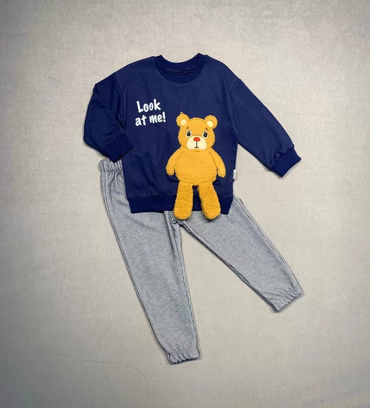 Ayıcık Sallanan Ayak Desenli Likra Penye Kumaş Sweat Pantolonlu Kız Erkek 2li Çocuk Takımı Lacivert - 3