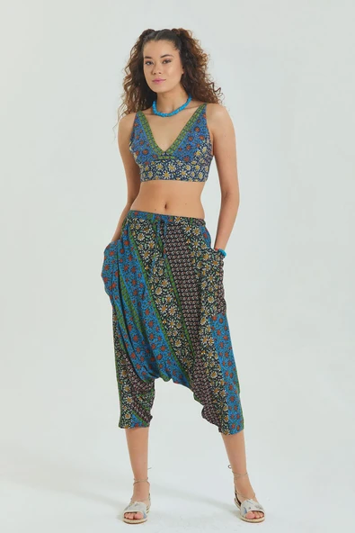 Desenli Bağcıklı Kapri Şalvar Pantolon