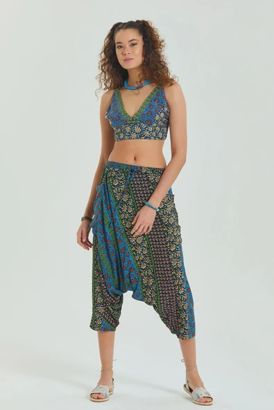 Desenli Bağcıklı Kapri Şalvar Pantolon - 6