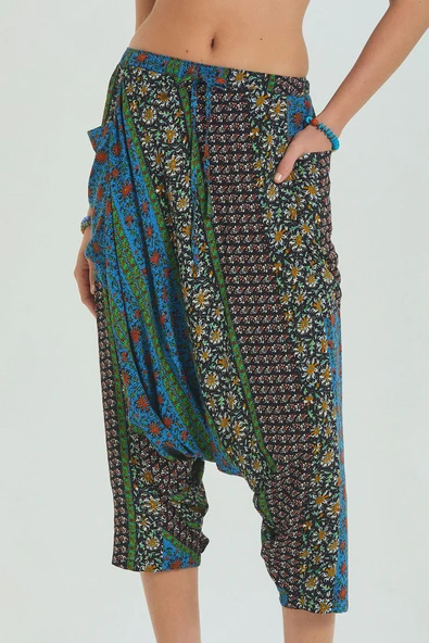 Desenli Bağcıklı Kapri Şalvar Pantolon - 4