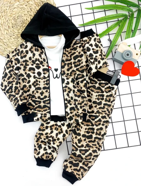 Kapşonlu Leopar Desenli Sweatli 3lü Kız Çocuk Takımı Kahverengi - 2