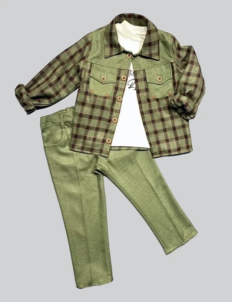 Cepli Pantolon Ekose Gömlek Uzun Kollu Sweat 3lü Erkek Çocuk Takımı Yeşil - Resim 3