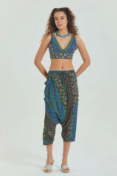 Desenli Bağcıklı Kapri Şalvar Pantolon - 3