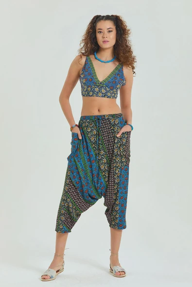 Desenli Bağcıklı Kapri Şalvar Pantolon - 7