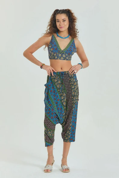 Desenli Bağcıklı Kapri Şalvar Pantolon - 2