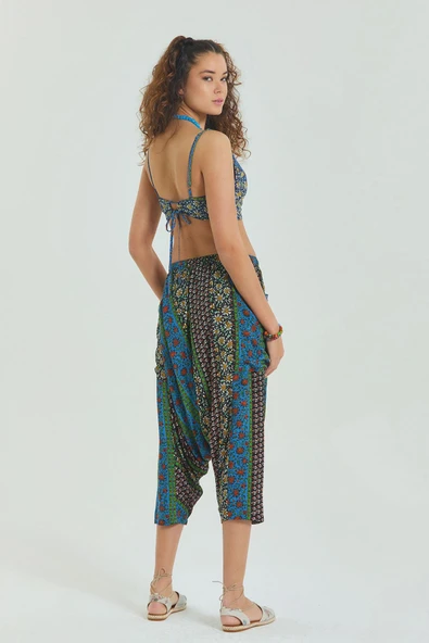 Desenli Bağcıklı Kapri Şalvar Pantolon - 5