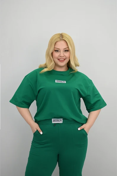 Kadın Büyük Beden Kısa Kollu Etiket Detaylı Bol Paça Eşofman Takımı 8196-25 - 11