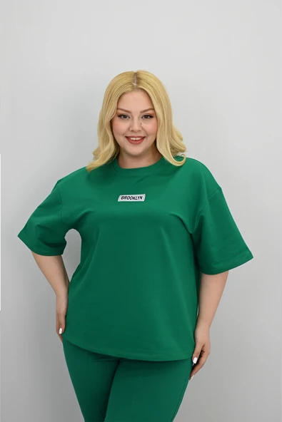 Kadın Büyük Beden Kısa Kollu Etiket Detaylı Bol Paça Eşofman Takımı 8196-25 - 12