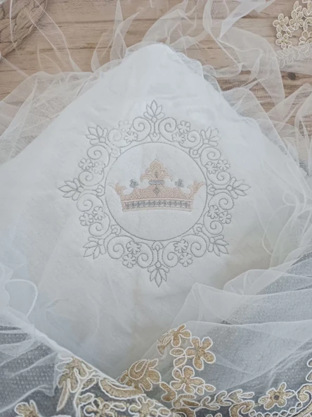 Yenidoğan Teri Cotton Taç Nakışlı Prizma Taş Kundak Bebek Battaniyesi Bej - Resim 8