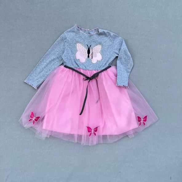 Taşlı Kelebek Desenli Kurdela Kuşaklı Astarlı Kız Çocuk Tütü Elbise Pembe - 2