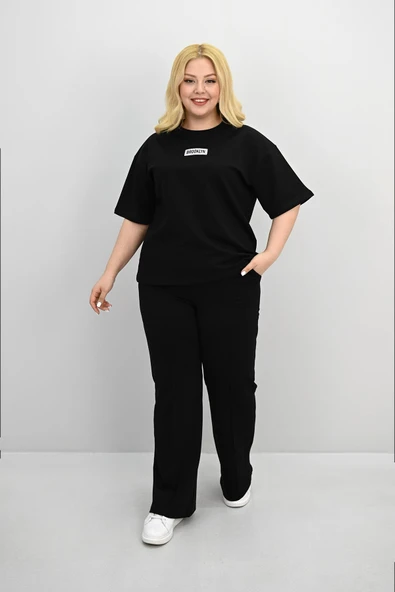 Kadın Büyük Beden Kısa Kollu Etiket Detaylı Bol Paça Eşofman Takımı 8196-25 - 2