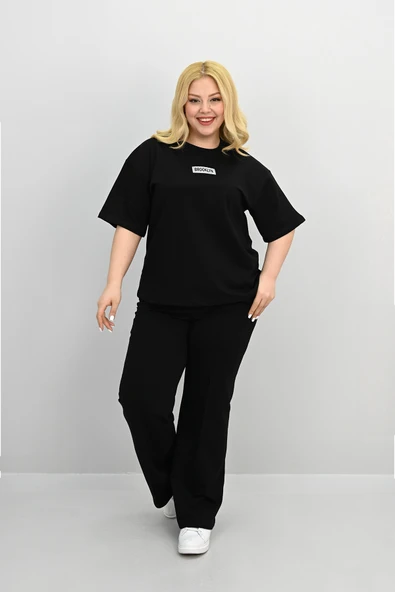 Kadın Büyük Beden Kısa Kollu Etiket Detaylı Bol Paça Eşofman Takımı 8196-25 - 3