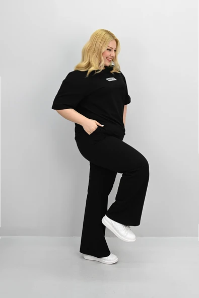 Kadın Büyük Beden Kısa Kollu Etiket Detaylı Bol Paça Eşofman Takımı 8196-25 - 4