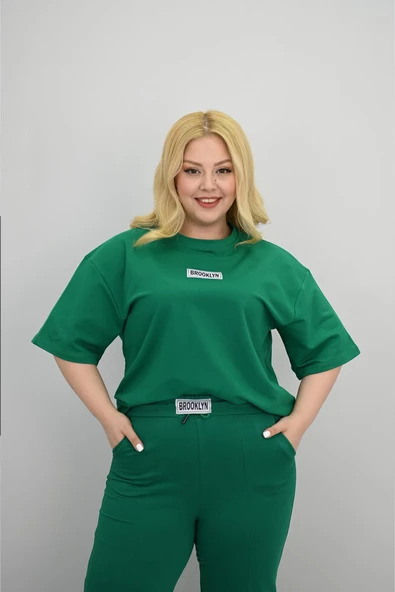 Kadın Büyük Beden Kısa Kollu Etiket Detaylı Bol Paça Eşofman Takımı 8196-25 - 10