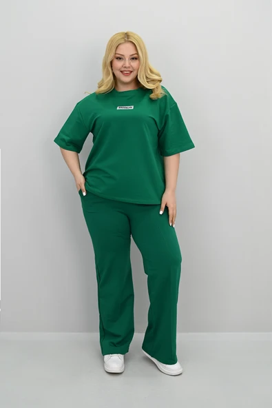 Kadın Büyük Beden Kısa Kollu Etiket Detaylı Bol Paça Eşofman Takımı 8196-25 - 9