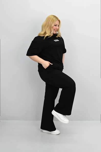 Kadın Büyük Beden Kısa Kollu Etiket Detaylı Bol Paça Eşofman Takımı 8196-25 - 4