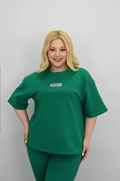 Kadın Büyük Beden Kısa Kollu Etiket Detaylı Bol Paça Eşofman Takımı 8196-25 - 11