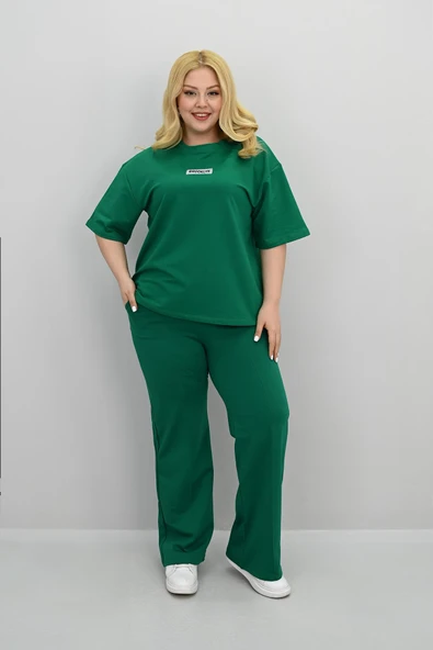 Kadın Büyük Beden Kısa Kollu Etiket Detaylı Bol Paça Eşofman Takımı 8196-25 - 9