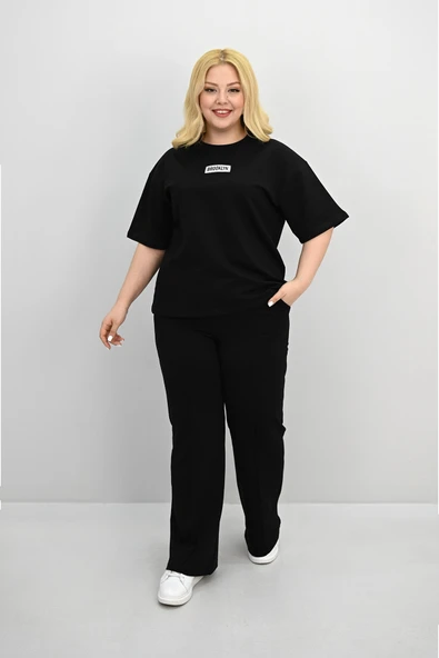 Kadın Büyük Beden Kısa Kollu Etiket Detaylı Bol Paça Eşofman Takımı 8196-25 - 2