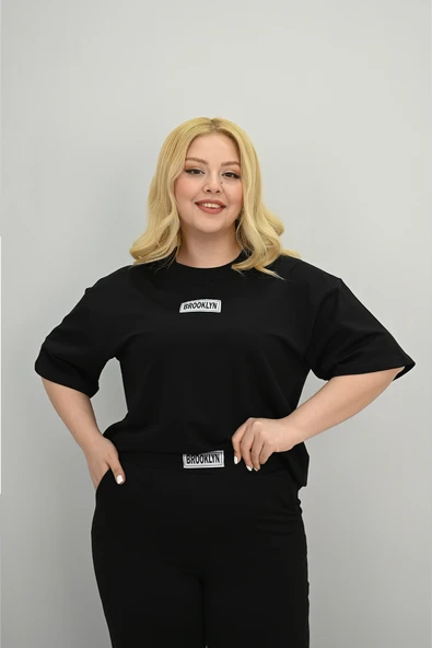 Kadın Büyük Beden Kısa Kollu Etiket Detaylı Bol Paça Eşofman Takımı 8196-25 - 7