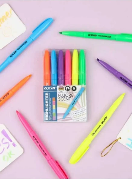 Gxin Fosforlu Kalem 6 Renk Canlı Renkler Yuvarlak Kalem + Cebe Takmalı / Highlighter Fluore Scent