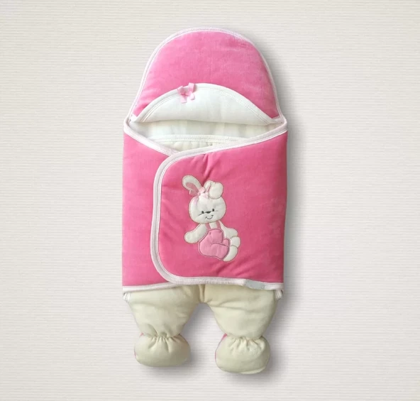 Ayıcık Nakışlı Şapkalı Kız Erkek Bebek Aklı Kundak Bebek Battaniyesi Pembe
