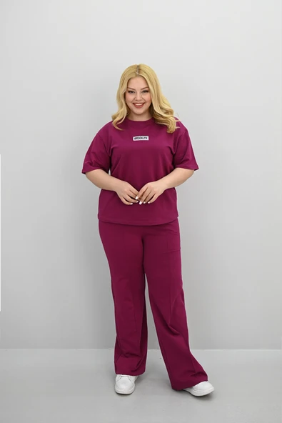 Kadın Büyük Beden Kısa Kollu Etiket Detaylı Bol Paça Eşofman Takımı 8196-25