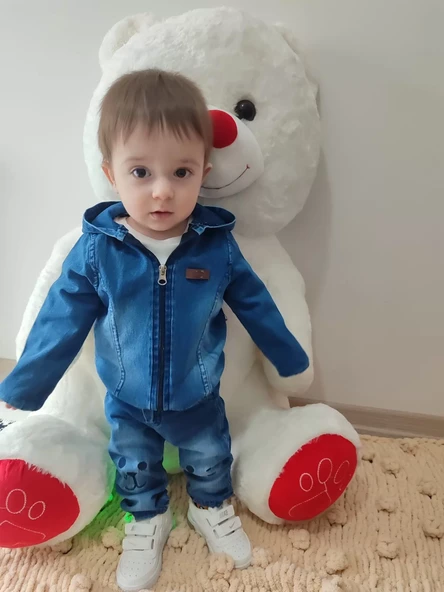 Kot Kumaş Kapşonlu Uzun Kol Sweatli Kot Kumaş 3lü Erkek Bebek Takımı Mavi - Resim 4