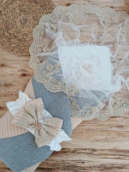 Yenidoğan Teri Cotton Taç Nakışlı Prizma Taş Kundak Bebek Battaniyesi Bej - Resim 4