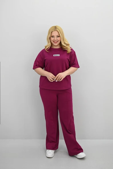 Kadın Büyük Beden Kısa Kollu Etiket Detaylı Bol Paça Eşofman Takımı 8196-25