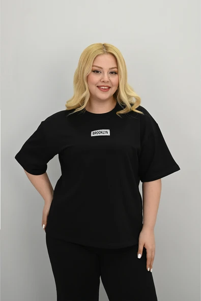 Kadın Büyük Beden Kısa Kollu Etiket Detaylı Bol Paça Eşofman Takımı 8196-25 - 6