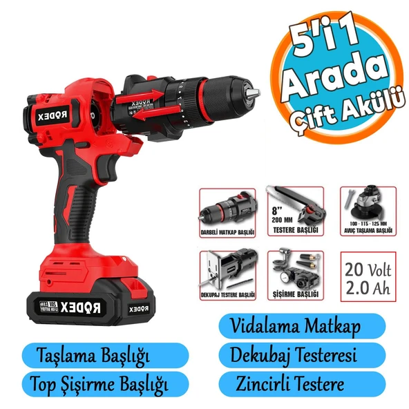 Akülü Değiştirilebilir Başlıklı 5'li Set 20 V 2.0 Ah Taşlama Matkap Dekubaj Testere Pala Top Şişirme