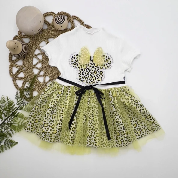 Fiyonklu Mickey Astarlı Etekli Kız Bebek Tütü Elbisesi Sarı-ekru - 2