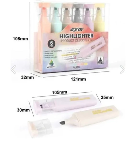 Gxin Pastel Renk Highlighter 6 Renk Fosforlu Kalem Seti Klasik Şeffaf Kapak - 3